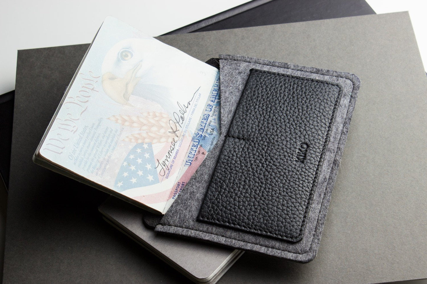 Handmade Leather & Wool Felt Passport Holder – Slim Travel Wallet with Card Slots