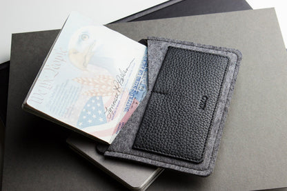 Handmade Leather & Wool Felt Passport Holder – Slim Travel Wallet with Card Slots