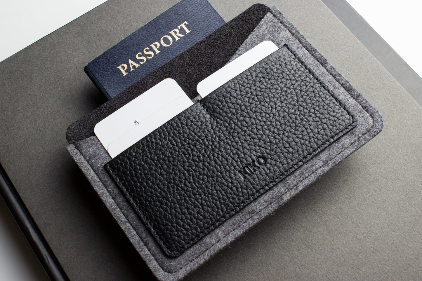 Handmade Leather & Wool Felt Passport Holder – Slim Travel Wallet with Card Slots