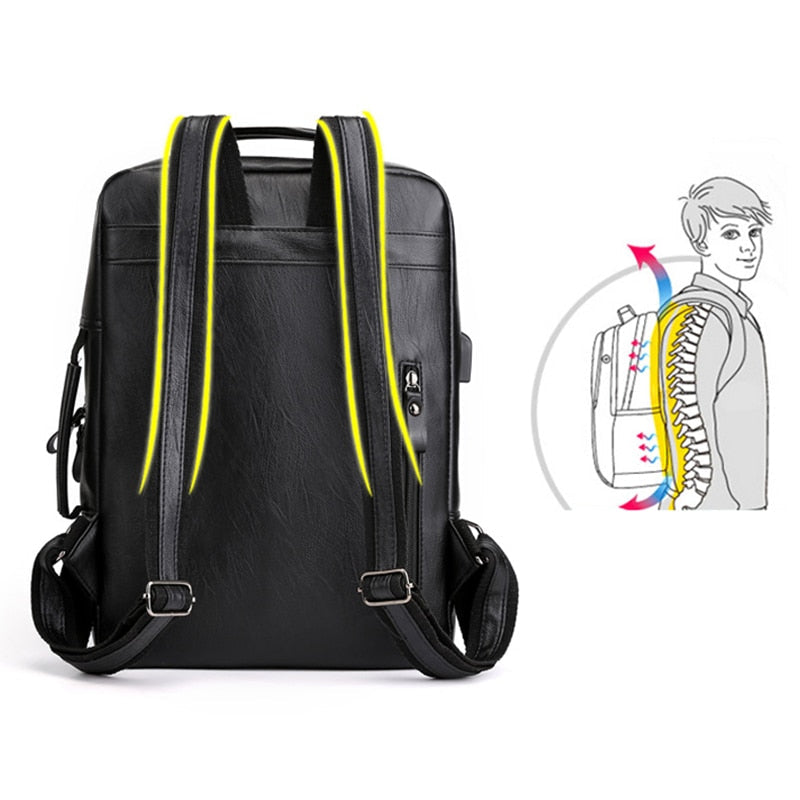 Business Backpacks For Men Waterproof PU Leather Laptop Bag Large