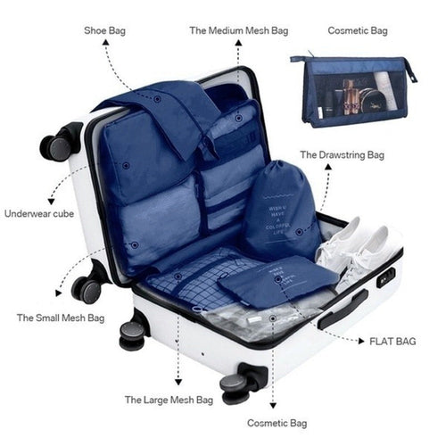 8-Piece Waterproof Packing Cubes Set – Travel Organizer Bags with Shoe & Makeup Pouches