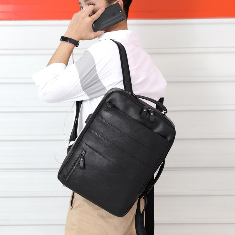 Business Backpacks For Men Waterproof PU Leather Laptop Bag Large